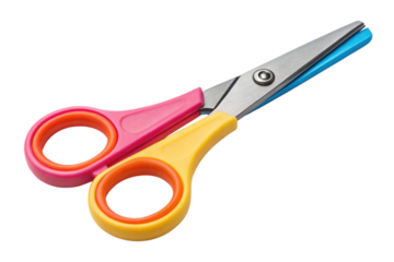 Colorful children s scissors with pink yellow and blue handles isolated on transparent background