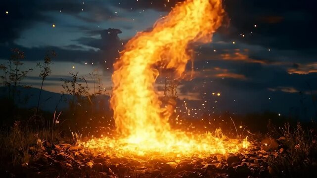 A phoenix shaped campfire rises into the night sky