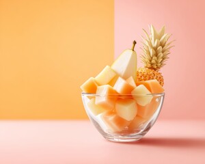Fruit bowl with pear and pineapple pieces focus on copy space bright refreshing hues Double exposure silhouette with summer vibes and juice drops
