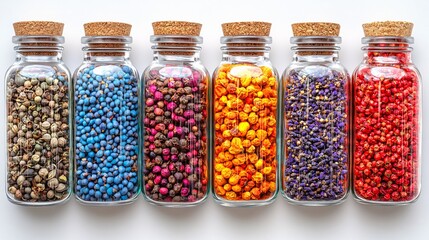 colorful peppercorns in glass jars on white background

