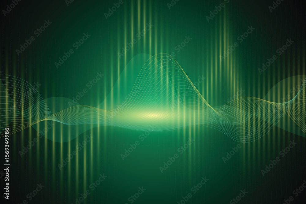 Poster abstract green background with vertical lines and a bright central glow creating a wavy pattern isol