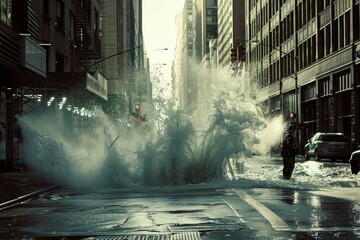 Powerful geyser erupting from broken water main, flooding a new york city street