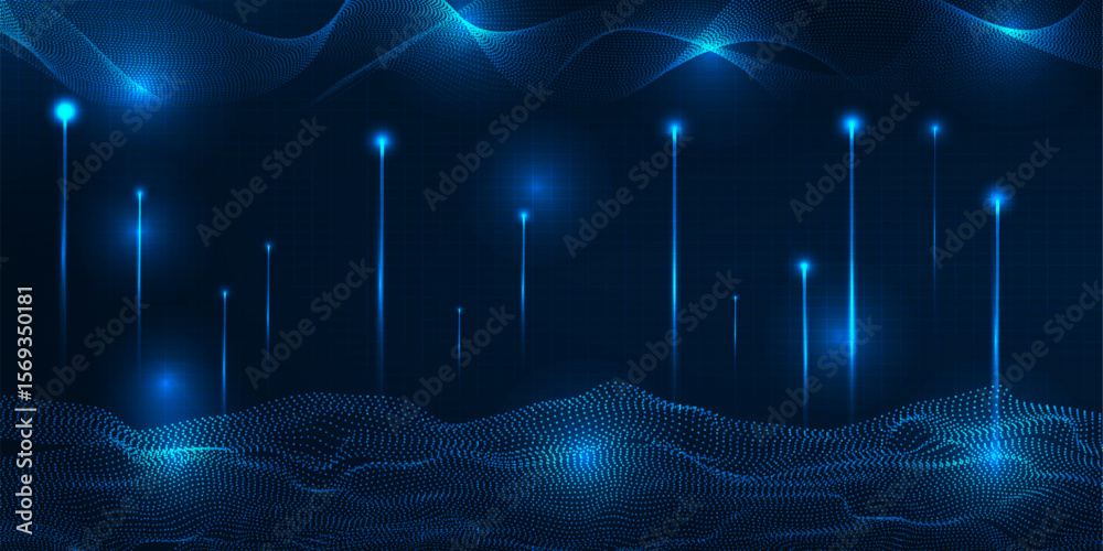 Poster abstract futuristic digital technology background with glowing dots floating on digital landscape an