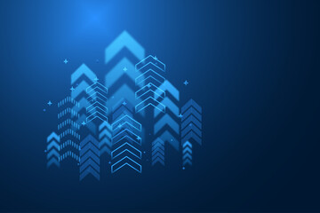 business arrow up growth technology on grid line dark blue background. graph stock market trading investment. chart trend profit income