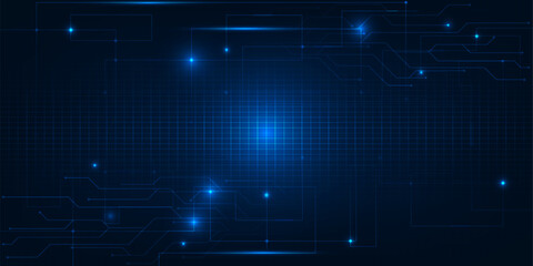 Vector illustrations of abstract blue digital hi tech background with glowing horizontal line and digital element circuit pattern.Digital technology concept.	