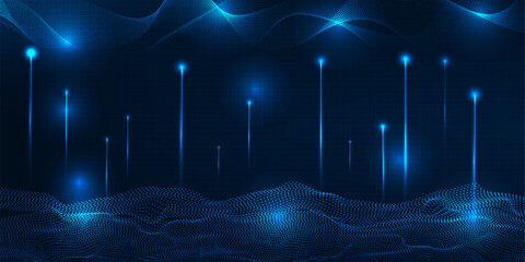 Abstract futuristic digital technology background with glowing dots floating on digital landscape and wave wireframe above for game graphic and advertising artwork.Vector illustrations.  © Alleachday