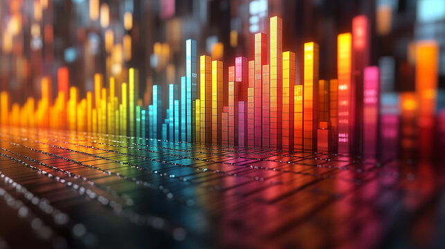 Abstract colorful city lights illuminate a vibrant urban skyline with an equalizer music wave