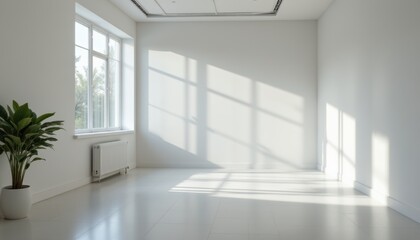 Fototapeta premium create an image of an empty white room bathed in sunlight from a window, the room features a technology focused interior design with shadows cast by the window light