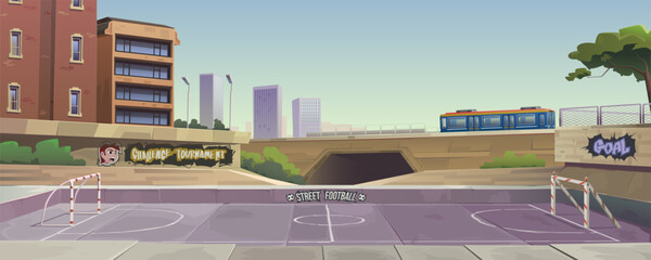 Football pitch for street football competitions. Suburban area, concrete arena with markings, graffiti, railway bridge with tunnel, train carriage. Game level, parallax background, vector cartoon.