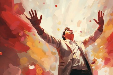 Businessman raising hands in success and celebrating victory with abstract colorful background