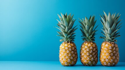 Three ripe pineapples standing in a row against solid blue background with minimal design style