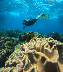 A man snorkeling and navigating through intricate coral reef structures, focus on a massive...