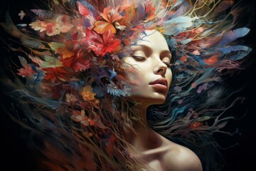 Fantasy portrait of a beautiful woman with colorful autumn leaves and flowers in her hair, creating a surreal and dreamy atmosphere