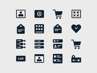 Collection of modern flat design ui icons for web and mobile applications featuring user profile clock shopping cart calendar tags stars heart lists search and car icons silhouette