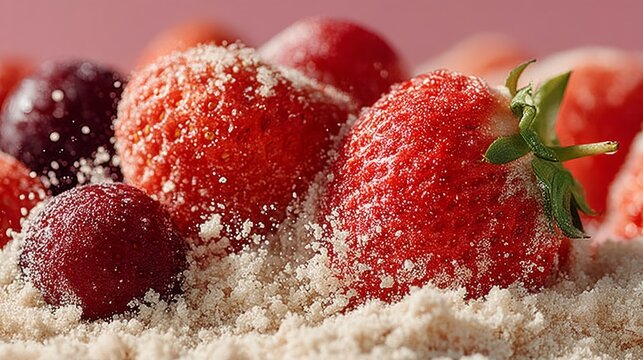 Closeup of fresh strawberries in sugar on pink background with sweet summer dessert concept