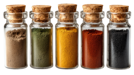 A Spectrum of Spices: An eye-level shot of small glass bottles filled with vibrant spice, each capped with a cork, offering a sensory exploration of culinary colors.