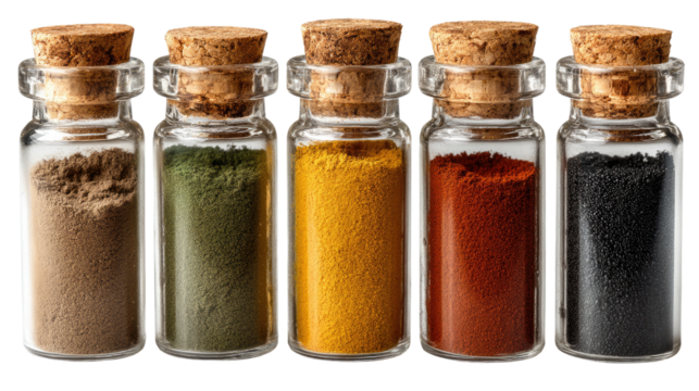 A Spectrum of Spices: An eye-level shot of small glass bottles filled with vibrant spice, each capped with a cork, offering a sensory exploration of culinary colors.