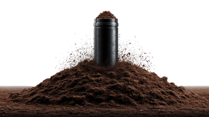 Soil Structure: A striking black battery stands grounded, partially buried in rich soil. A symbol of both energy storage and environmental responsibility, this shot captures a story of sustainability.