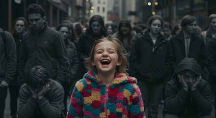 Obraz premium Colorful young girl is laughing among sad boring serious greyscale people.
