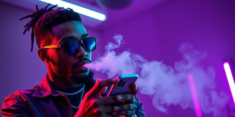 Stylishly dressed African American vaping, using smartphone, neon studio lighting,  pose,  digital