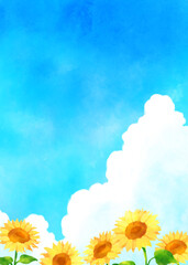 ひまわりと入道雲と青い空の水彩画