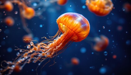 Naklejka premium vibrant jellyfish copy space: a jellyfish with orange and blue tentacles floats in the dark water, the vibrant colors of the jellyfish stand out against the deep, dark water
