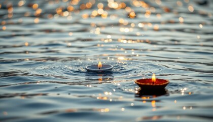 diwali festival lights floating on water, created using silver tones, under midday sun, position the subject clearly with ample copy space, optimized for photo use