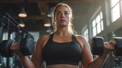 Confident plus-size woman lifting weights and exercising in a gym setting.