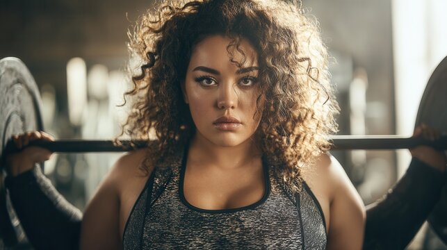Confident plus-size woman lifting weights and exercising in a gym setting.