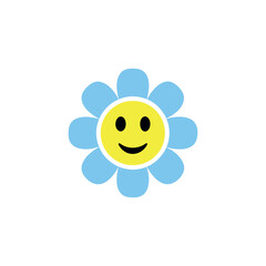 Obraz premium Cute smiling cartoon flower with different petals and a peaceful face on a white background – cheerful floral vector illustration for kids and nursery decor