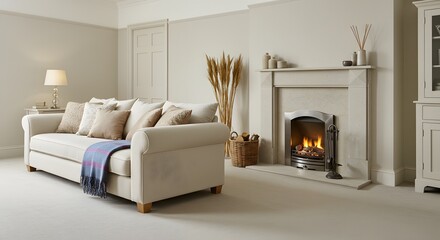 Fototapeta premium Cozy Living Room with Fireplace and Sofa