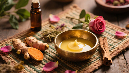 Ayurvedic spa flat lay with brass bowl of ghee, turmeric root, sandalwood stick, rose petals, herbal oils and handwoven mat in warm soft light and rustic natural background