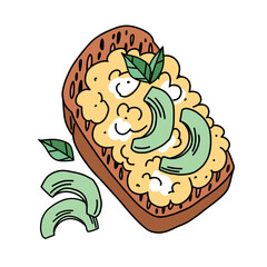 Brioche with scrambled egg and avocado slices, healthy breakfast doodle style, avocado toast