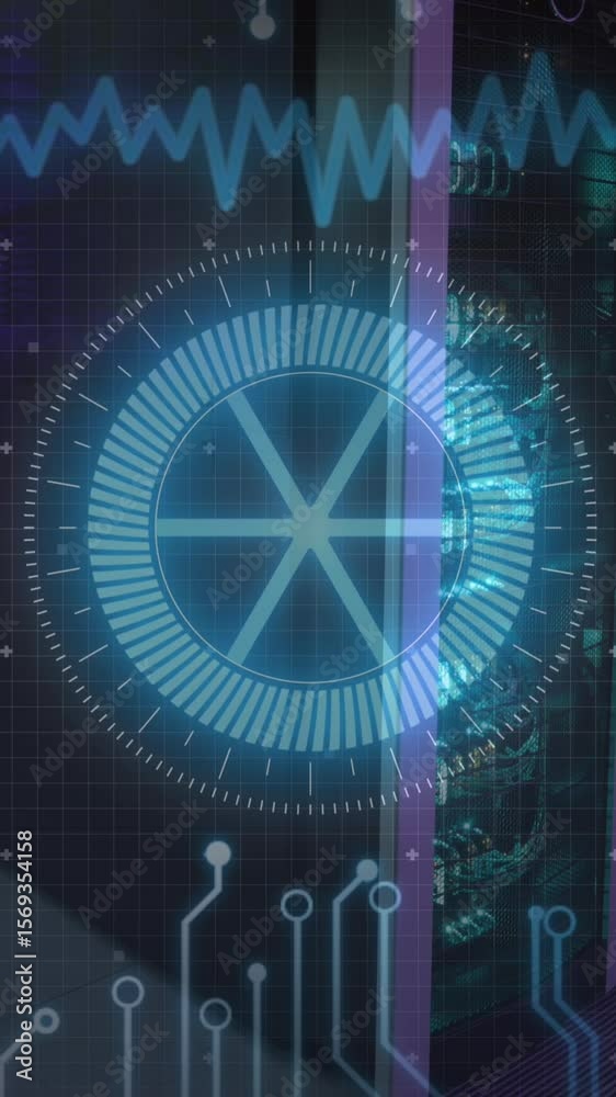 Poster Animation of neon round scanner and microprocessor connections against empty computer server room