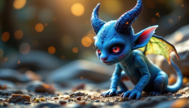 create a fantastical and dreamlike image featuring a beautifully coloured blue devil creature with horns