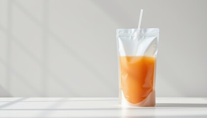 create a clear and optimized photo of an empty clear plastic drink pouch mockup with straw spout isolated on white background under crisp sunlight