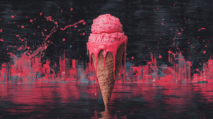 Creative surreal image of melting pink ice cream cone with vibrant paint splashes over a futuristic city skyline at night.
