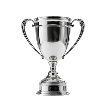 Shiny silver trophy cup isolated on white background depicting achievement and success