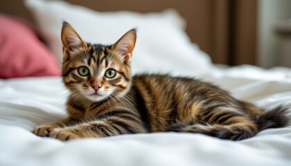 a cute tabby cat lying on a bed and looking at the camera, positioned on the left side of the image with plenty of white space on the right for text overlay