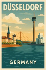 Stylized travel poster of Düsseldorf Germany with the Rhine river, modern skyline, Rheinturm tower, bridge, and historic old town under a sunset sky