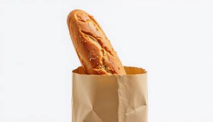 baguette emerging from a brown paper bag, isolated on a white background under white brilliance, position the subject clearly at the top of the image