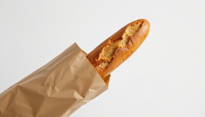baguette emerging from a brown paper bag, isolated on a white background under white brilliance, position the subject clearly at the top of the image