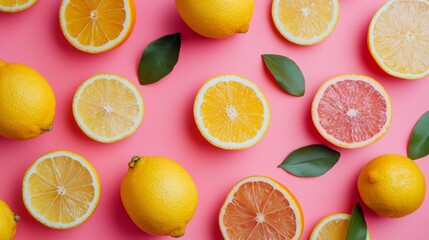 Fototapeta premium Citrus fruits pattern on pink background including lemons and grapefruit for summer fresh food concept
