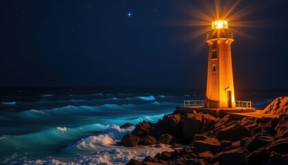 Bioluminescent and ocean concept. Lighthouse illuminating waves under a starry night sky.