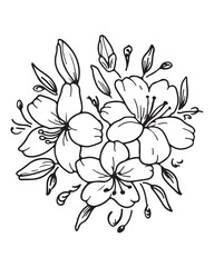 Elegant black and white floral illustration of blooming flowers and delicate leaves