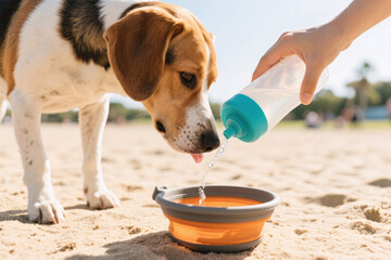 Dog hydrating outdoors with portable squeeze water bottle and foldable bowl, sunny day at park or beach, warm natural light, lifestyle stock photo with shallow depth of field