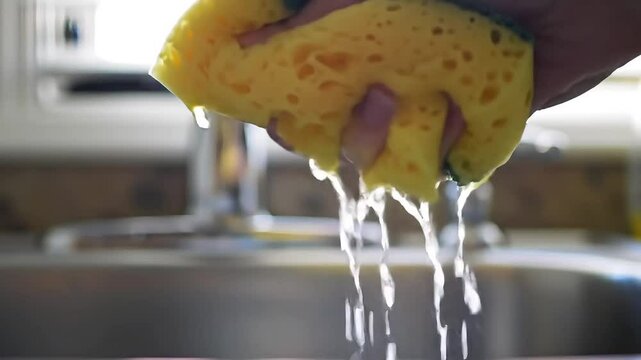 Person squeezing yellow sponge over kitchen sink with water dripping  