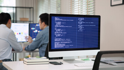 Smart AI cyber bot deep tech tools help write prompt code screen. Asia people asian man IT team...