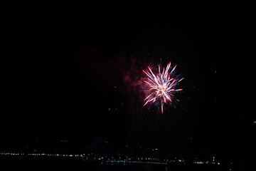 sparkling blue and golden fireworks over city lights