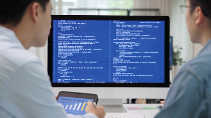 Smart AI cyber bot deep tech tools help write prompt code screen. Asia people asian man IT team...
